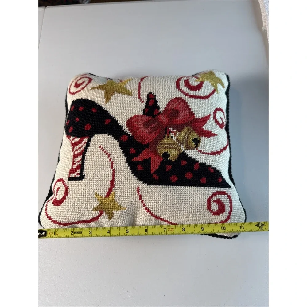 Stephanie Stouffer Needlepoint Christmas Shoe with Bow Pillow  11 X 11 Inches
